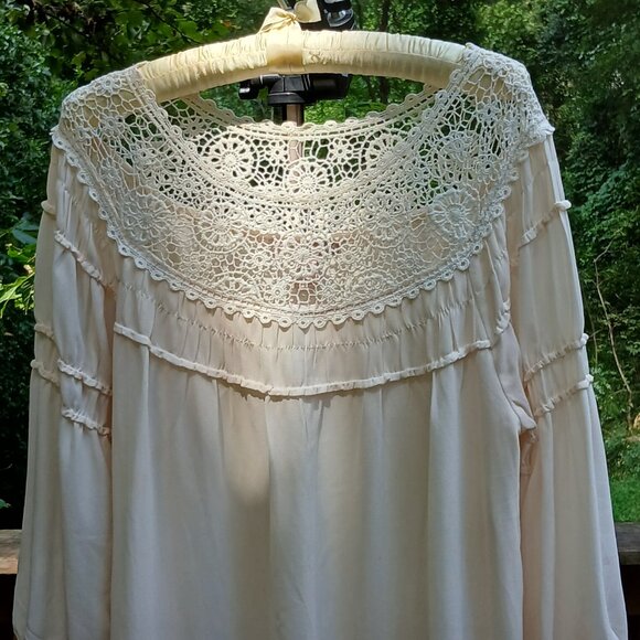 Forever 21 Cream Long Sleeve Flowy Poly/Chiffon Crochet Top Tunic Dress Sz L - Picture 2 of 8